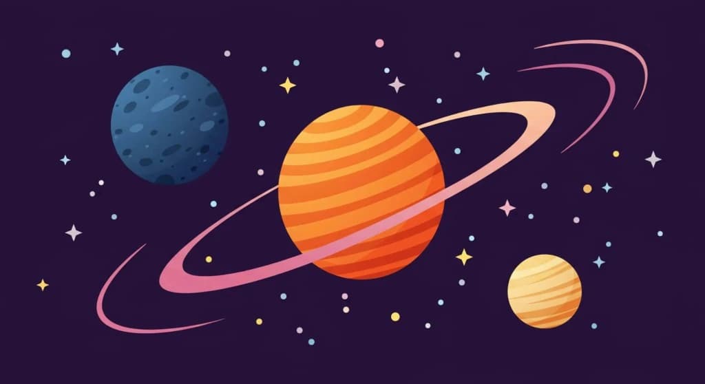 Illustrated cosmic scene with Saturn-like ringed planet and stars on a deep violet background, representing daily horoscope self-reflection.